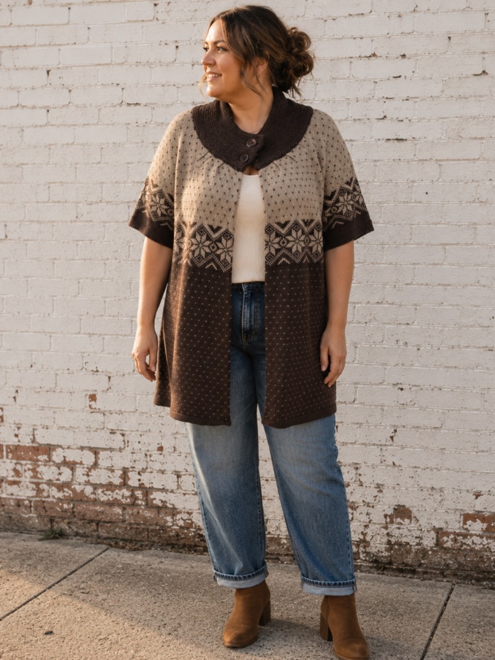 Nordic Fair Isle Heritage Knit Cardigan Sweater | Brown Taupe Cozy Cabin Chic 1X